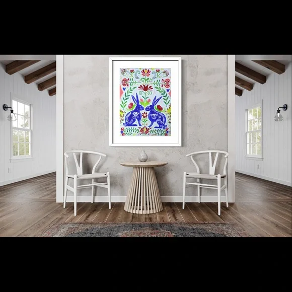 Scandinavian Rabbits Giclée Folk Art Print of Oil Painting Whimsical Rosemaling - Picture 9 of 9